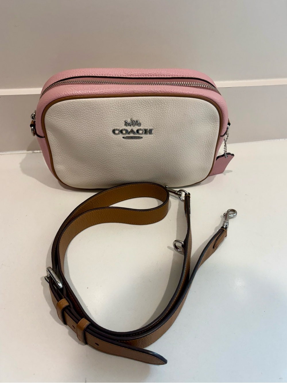 Coach Jamie Camera Bag CF482 Colorblock Pebble Leather Crossbody Pink Chalk